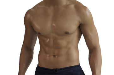 Fototapeta premium Close up portrait of a strong mature shirtless sportsman,flexing muscles on white background,isolated.