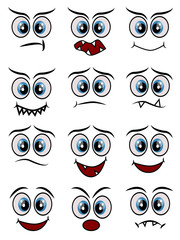 Cartoon faces expression line icons set. Set of emoticons or emoji illustration line icons. Smile icons line art isolated vector illustration on white background