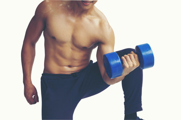 Naklejka premium Close up portrait of a strong mature shirtless sportsman holding Dumbbell on white background,isolated.