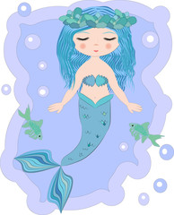 Cartoon beautiful little mermaid in a wreath. Siren. Sea theme. vector illustration on a white background.