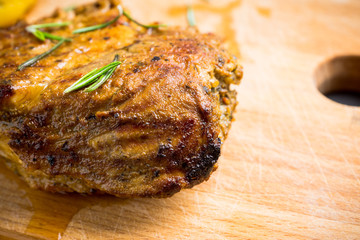 Grilled pork with spices and roasted potato. Selective focus.