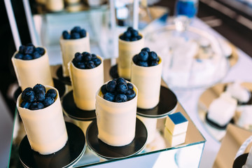 Dessert of white chokolate and blueberries. Sweet holiday buffet.