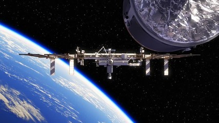 Cargo Spaceship Is Preparing To Dock With International Space Station. 3D Animation. - Powered by Adobe