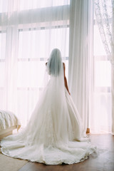 Rear view of gorgeous, luxury bride near next to the panoramic window. Morning preparation
