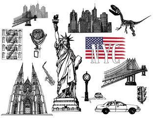 Set of hand drawn sketch style New York themed isolated objects. Vector illustration.