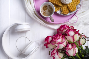 Coffee with waffles and roses. Valentine's Day or 8 march . Delicious Breakfast.