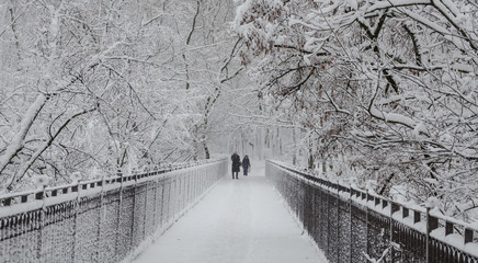 Woman taking pictures of a landscape on a mobile phone after a snowfall