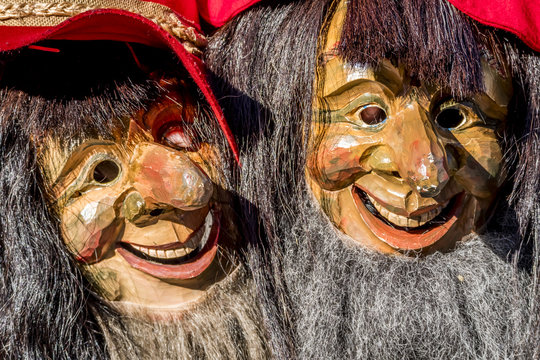 Close-up of two traditional Fasching ,carnical, masks in Germany