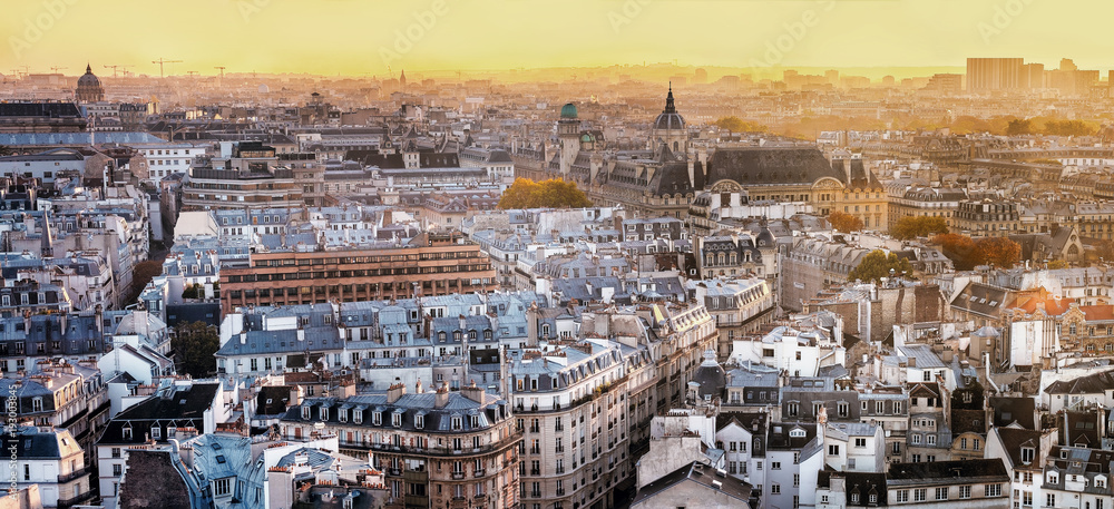 Canvas Prints Aerial view of Paris, France at warm sunset.