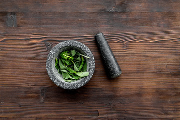 Obraz na płótnie Canvas Harvest medicinal herbs. Greens in mortar bowl on dark wooden background top view copy space