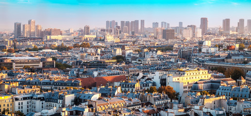 Vintage Paris, France shot from Notre-Dame Cathedral. Sunset colors. Autumn shot.