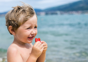 Little boy eats strawberries with pleasure