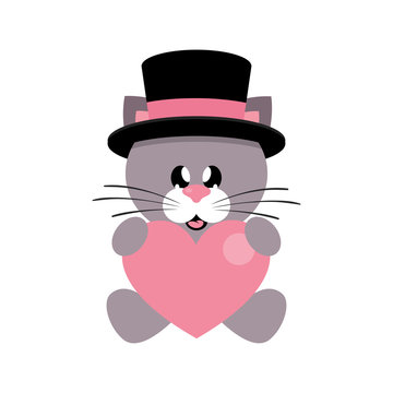 cartoon cute cat sitting with heart and hat 