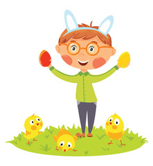 Easter kids in bunny ears with eggs and chicks