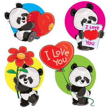 Valentine day vector cartoon set with cute panda bears, with soft heart, with love you greeting card, with flower and red balloon isolated on background. Clipart for cards, stickers, print for t-shirt