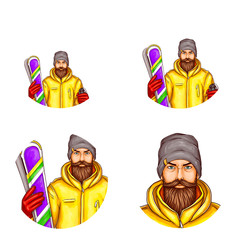 Vector pop art avatar of snowboarder, icon of skier, bearded man in snowboarding suit, holding snowboard for blog, chat. Element for advertising of extreme lifestyle, sports equipment, promotion