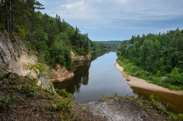 View from cliff on sandstone outcrops, river and forest. Erglu Cliffs, on the bank of the Gauja river. - 193006051