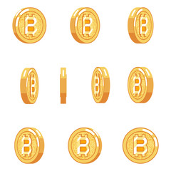 Bitcoin rotation animation coin technology digital money internet currency isolated icons set flat design vector illustration