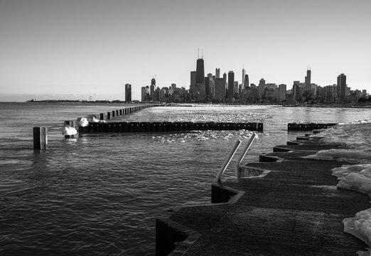 Big City Skyline along water in Black and White