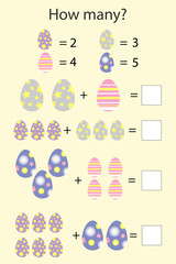 How many counting game with easter eggs for kids, educational maths task for the development of logical thinking, preschool worksheet activity, count  and write the result, vector illustration - 193007028