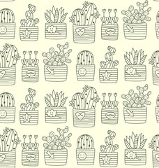 Cactus pots doodle seamless vector pattern