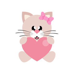 cartoon cute cat sitting girl with heart and bow