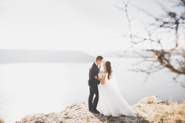 Happy wedding couple staying over beautiful landscape