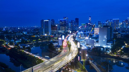 Aerial photo of blue hour in Jakarta CBD area