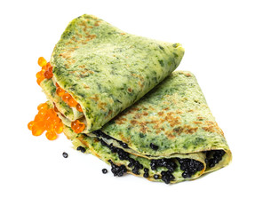 pancakes with spinach filling red and black caviar