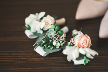 Beautiful wedding bouquet with different flowers, roses