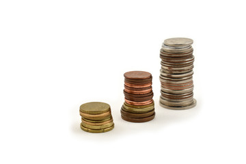 Coin stack stock images. Different coins on a white background. Different types of currencies
