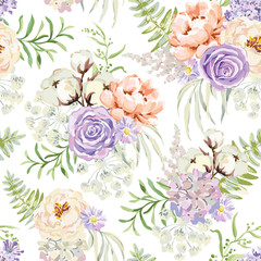 Bouquets de printemps mauve sur fond blanc. Modèle sans couture de vecteur avec des fleurs délicates. Rose, lilas, pivoine, coton. Rose pastel, sérénité, couleurs vertes.