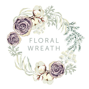 Violet roses and cotton with gray leaves on the white background. Floral wreath. Greeting card template. Vector illustration.