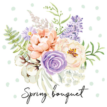 Mauve spring bouquet on the white background. Vector print for tee shirt with delicate flowers. Rose, lilac, peony, cotton. Pastel pink, serenity, green colors.