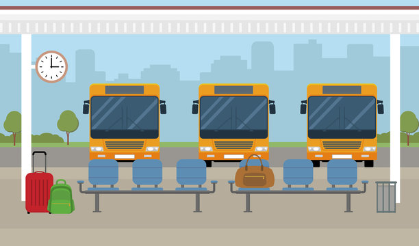 Bus station. Buses and waiting area on city background. Flat style, vector illustration.