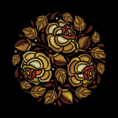 Vector round composition of embroidery golden Rose flower, bud and leaves isolated on black background. Floral ornate embroidered roses for clothing decor, fabric and textile design.