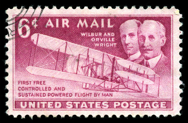 Vintage 1949 United States of America cancelled postage stamp showing an image  celebrating the 46th anniversary the Wright Brothers first flight