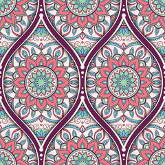 Seamless pattern with ethnic mandala ornament. Hand drawn vector illustration