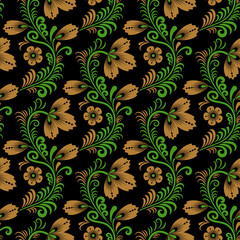 Floral seamless pattern in traditional russian style. Khokhloma painting. Vector Illustration