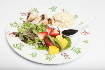 healthy food, balanced lunch protein, salad and arina