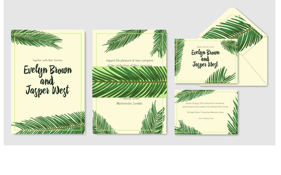 Wedding personal menu, invitation, envelope, label save the date greeting card set. Vector green leaves of a sago palm watercolor
