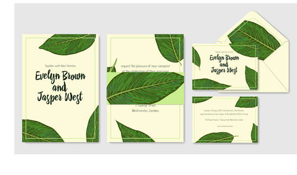 Wedding personal menu, envelope, label save the date greeting card set. Vector green leaves watercolor decorative frame design. Delicate art template