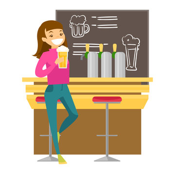 Caucasian white woman sitting at the bar counter and drinking beer. Woman relaxing at the bar with a glass of alcohol drink. Vector cartoon illustration isolated on white background. Square layout.