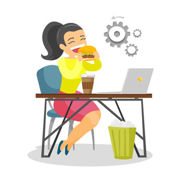 Young caucasian white business woman sitting at the workplace with laptop and eating hamburger. Concept of unhealthy nutrition. Vector cartoon illustration isolated on white background. Square layout.