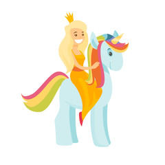 Young caucasian white princess with crown riding a unicorn