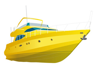 Naklejka premium Yellow motor boat. Sea yacht for fishing and leisure time. Luxury expensive motorboat, luxurious powerboat, deluxe speedboat. Vector illustration, isolated on white background.