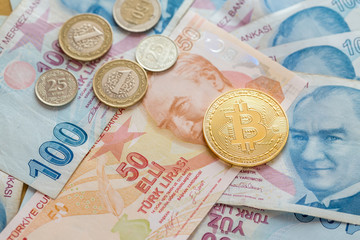 Bitcoin with turkish liras in paper and coin forms