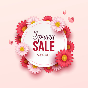 Spring sale background with beautiful flowers. Vector illustration