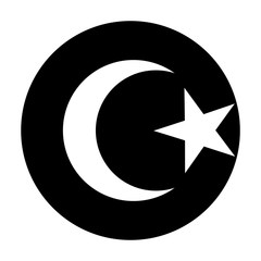 Symbol of Islam. White crescent and a star on circular black background