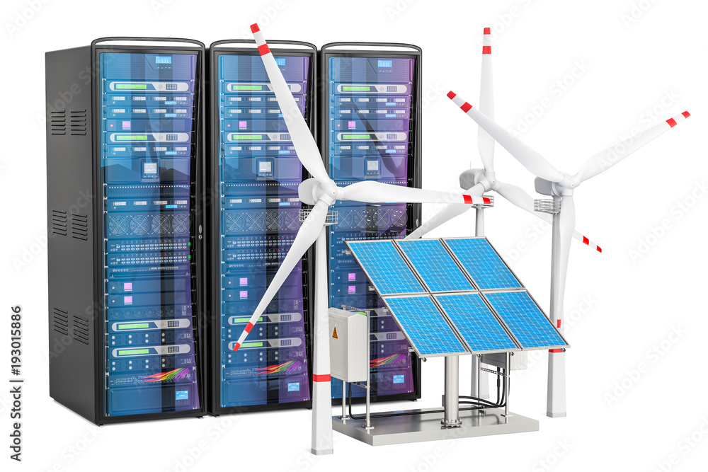 Poster computer server racks with solar panels and wind turbines, 3d rendering